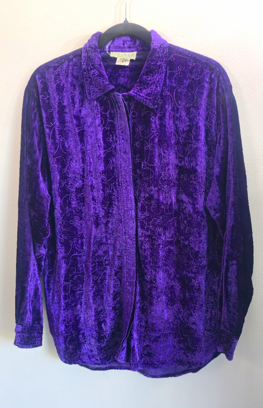 STAGE LA Purple Velvet Button Up Shirt Womens M 100% Rayon Floral Pattern